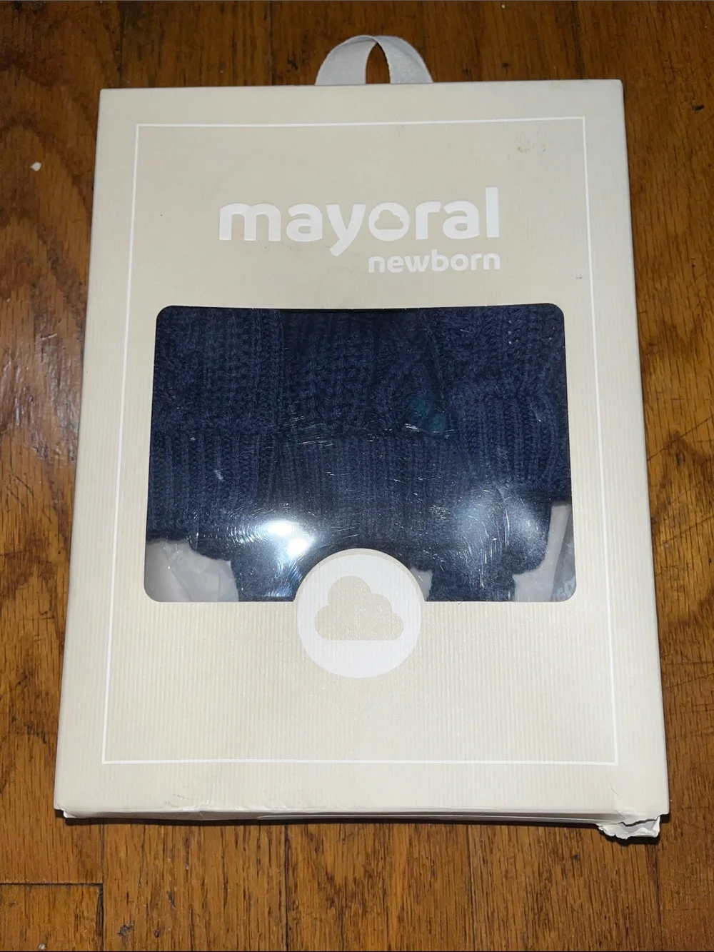 NWT Mayoral Newborn Baby Knit Pom-Pom Earflap Hat & Mittens Set - Navy